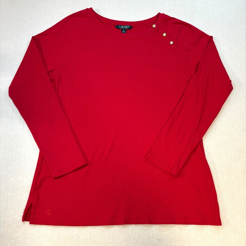 Lauren Ralph Lauren Red Ribbed Knit Button Shoulder Top Long Sleeve Raglan